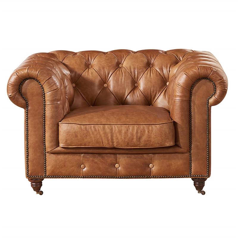 Pemberly Row Top Grain Leather Chesterfield Leather Arm Chair in Light Chestnut