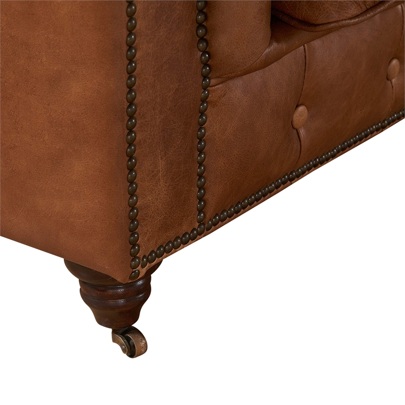 Pemberly Row Top Grain Leather Chesterfield Leather Arm Chair in Light Chestnut