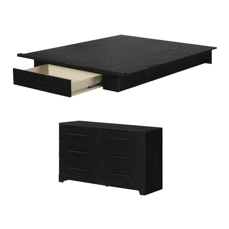 Pemberly Row Set of 2 Full/Queen Platform Bed with Drawer and Dresser in Black