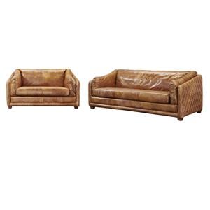 Pemberly Row Set of 2 Italian Leather Sofa and Loveseat in Light Brown