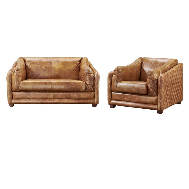 Pemberly Row Set of 2 Italian Leather Arm Chair and Loveseat in Light Brown