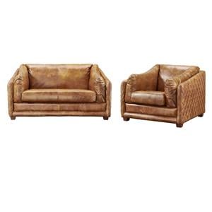 Pemberly Row Set of 2 Italian Leather Arm Chair and Loveseat in Light Brown