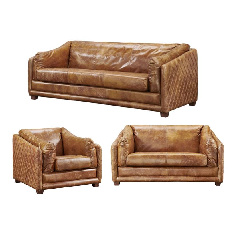 Pemberly Row Set of 3 Leather Sofa and Arm Chair and Loveseat in Light Brown