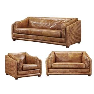 Pemberly Row Set of 3 Leather Sofa and Arm Chair and Loveseat in Light Brown