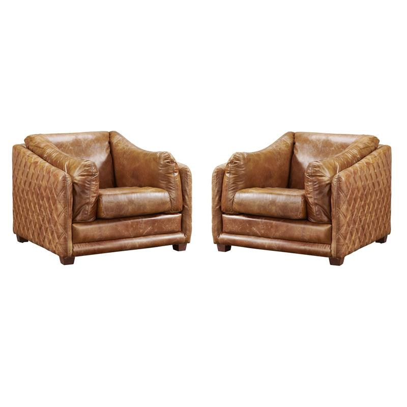 Pemberly Row Set of 2 Contemporary Italian Leather Arm Chairs in Light Brown