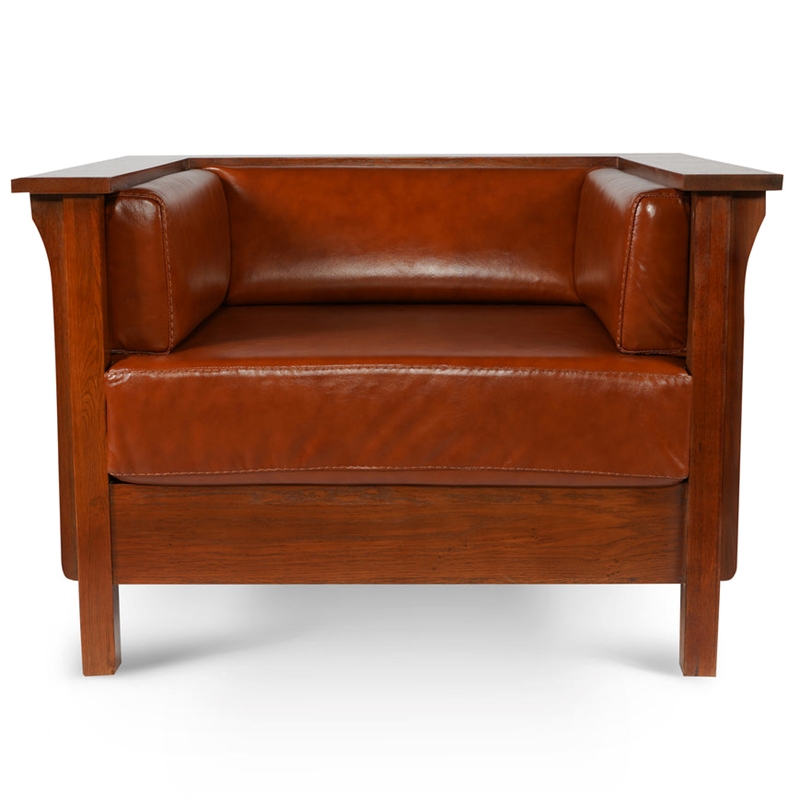 Pemberly Row Set of 2 Leather Side Loveseat and Panel Arm Chair in Russet Brown