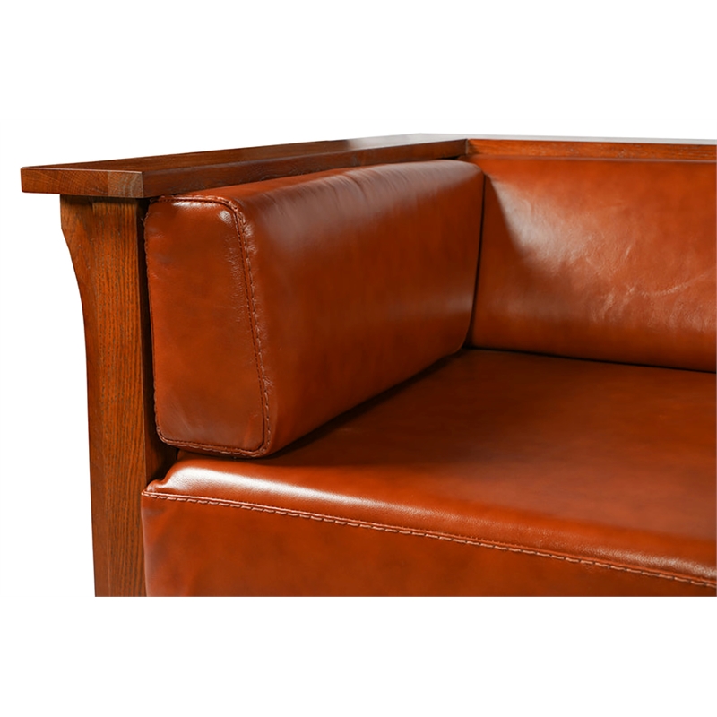 Pemberly Row Set of 2 Leather Side Loveseat and Panel Arm Chair in Russet Brown