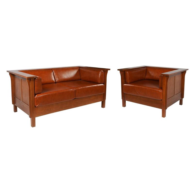 Pemberly Row Set of 2 Leather Side Loveseat and Panel Arm Chair in Russet Brown
