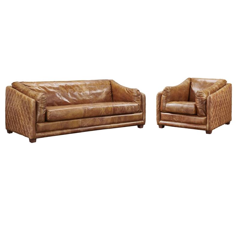 Pemberly Row Set of 2 Italian Leather Sofa and Arm Chair in Light Brown