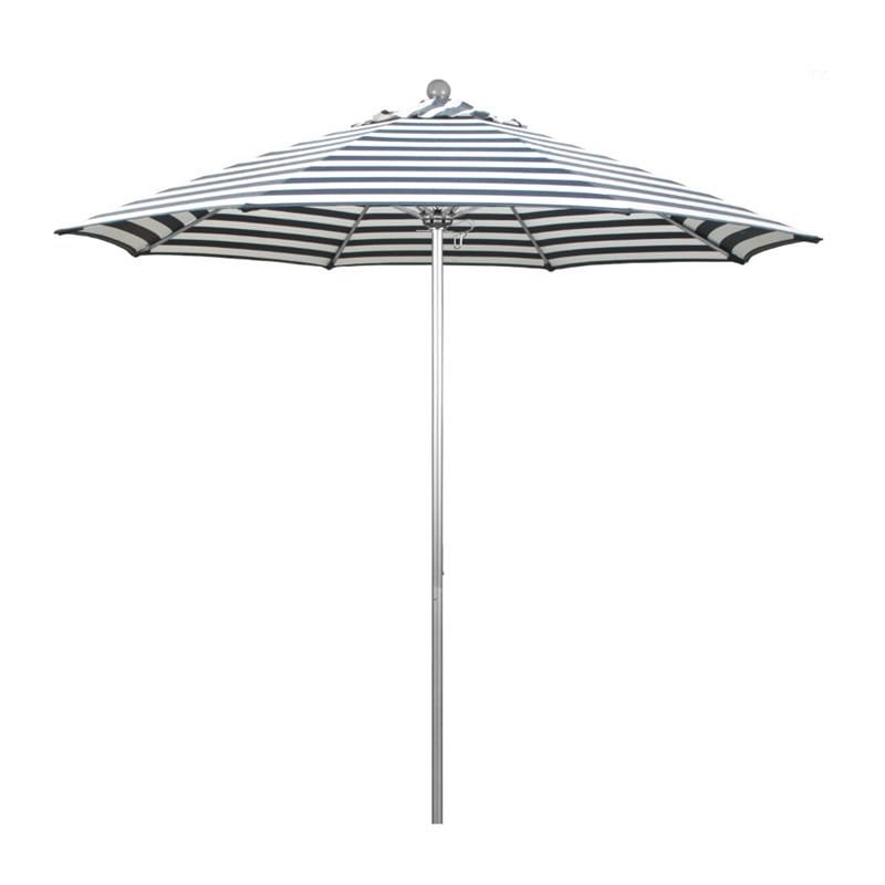 Pemberly Row 9' Market Umbrella Olefin Navy Stripe/Silver Anodize