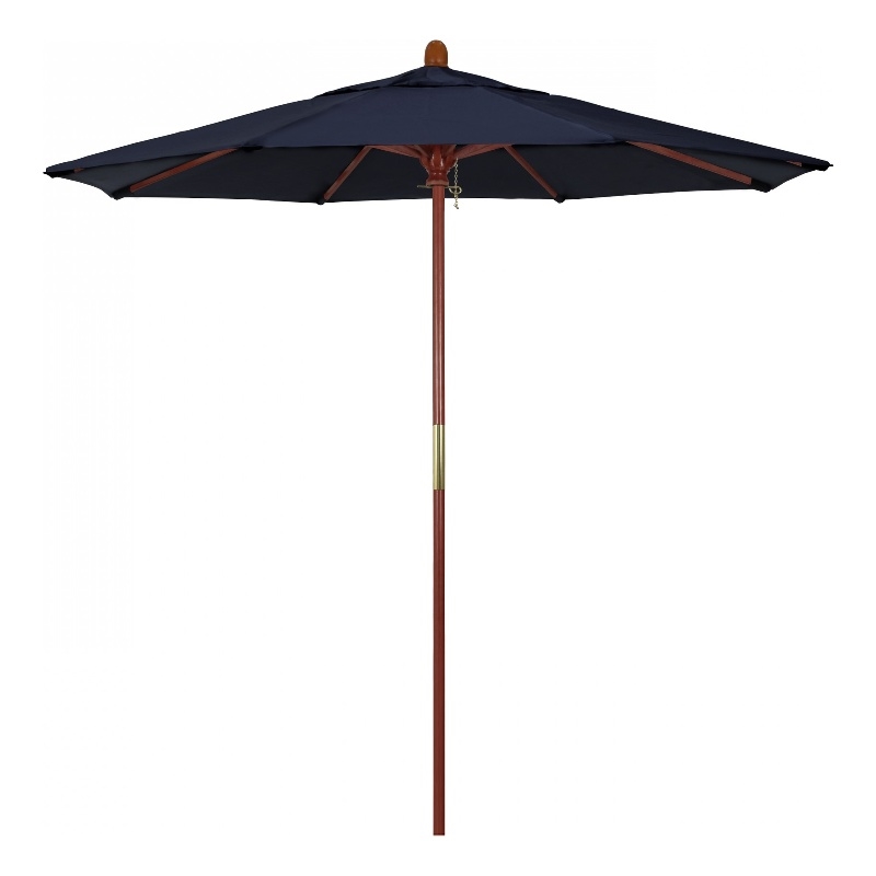 Pemberly Row 7.5' Push Lift Wood Pole Patio Umbrella in Olefin Navy Fabric