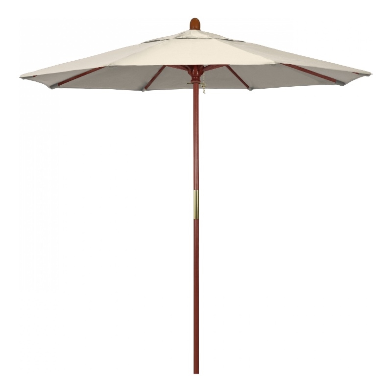 Pemberly Row 7.5' Push Lift Wood Pole Patio Umbrella in Olefin Beige Fabric