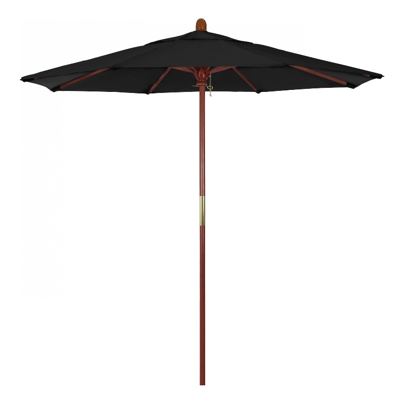 Pemberly Row 7.5' Push Lift Wood Pole Patio Umbrella in Pacifica Black Fabric