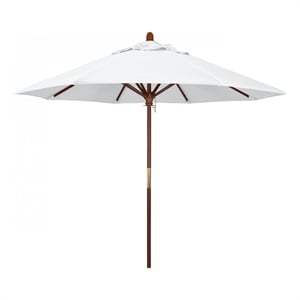 Pemberly Row 9' Push Lift Wood Pole Patio Umbrella in Olefin White Fabric