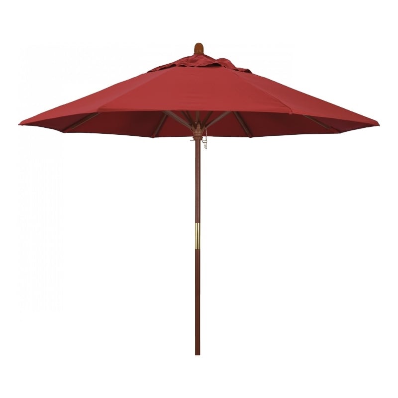 Pemberly Row 9' Push Lift Wood Pole Patio Umbrella in Olefin Red Fabric