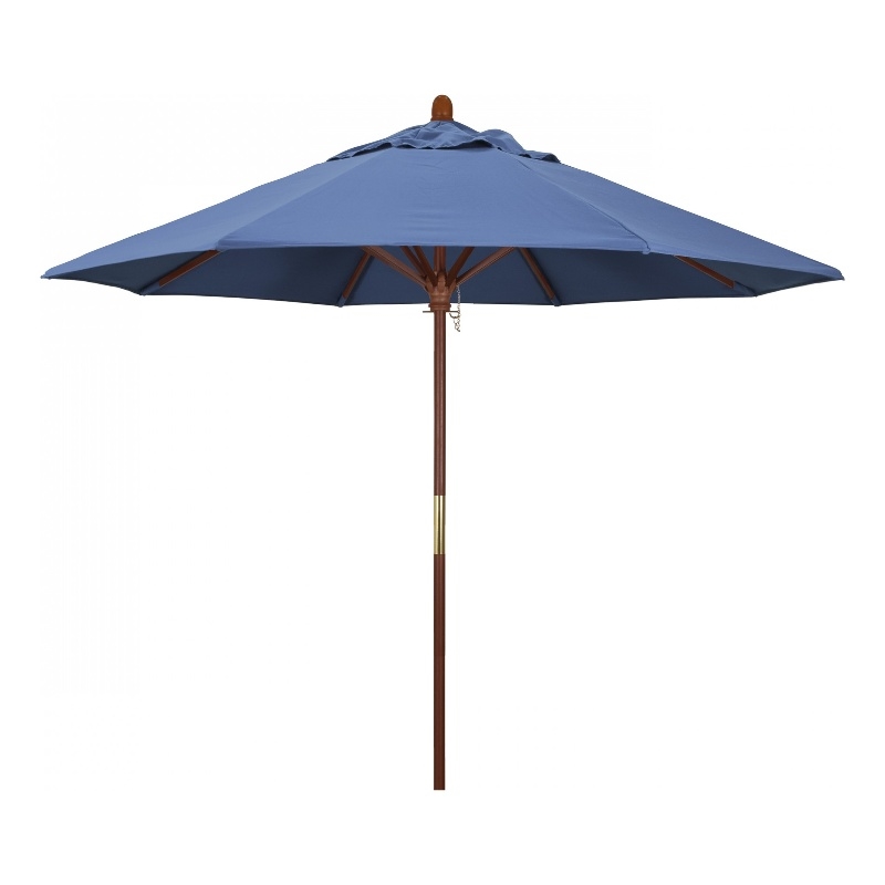 Pemberly Row 9' Push Lift Wood Pole Patio Umbrella in Olefin Frost Blue Fabric