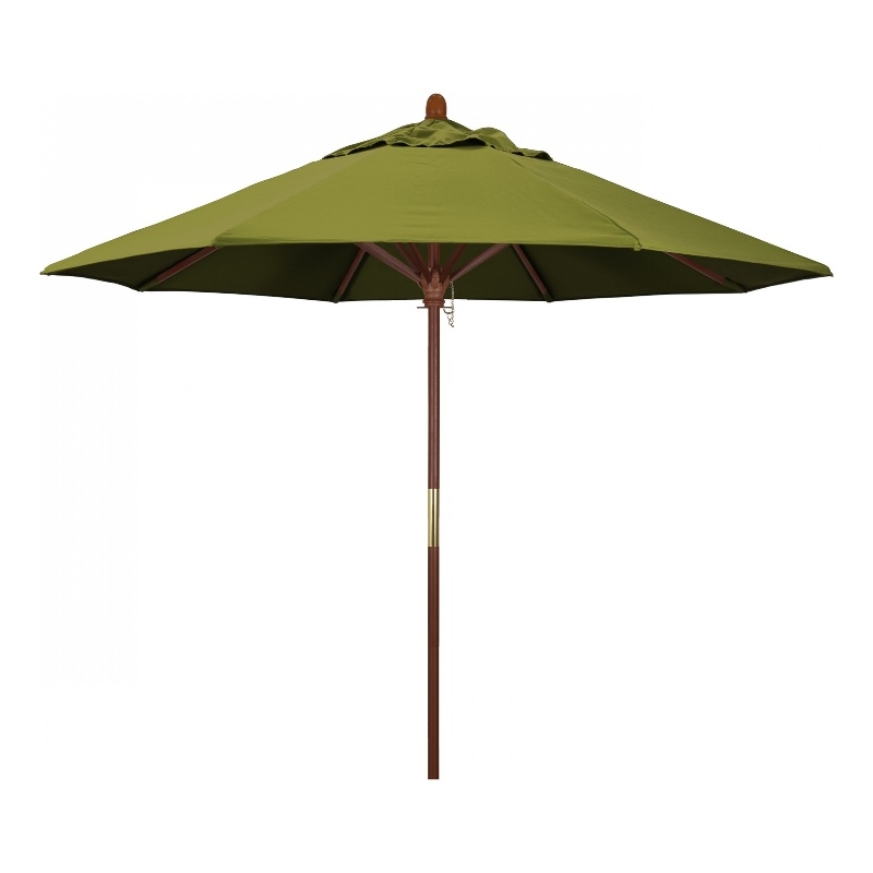Pemberly Row 9' Push Lift Wood Pole Patio Umbrella in Olefin Kiwi Fabric