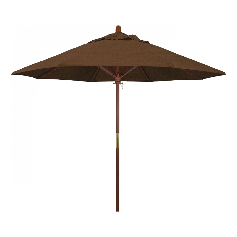 Pemberly Row 9' Push Lift Wood Pole Patio Umbrella in Olefin Teak Fabric