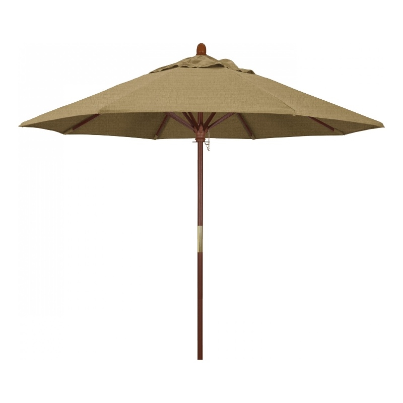 Pemberly Row 9' Push Lift Wood Pole Patio Umbrella in Olefin Straw Fabric