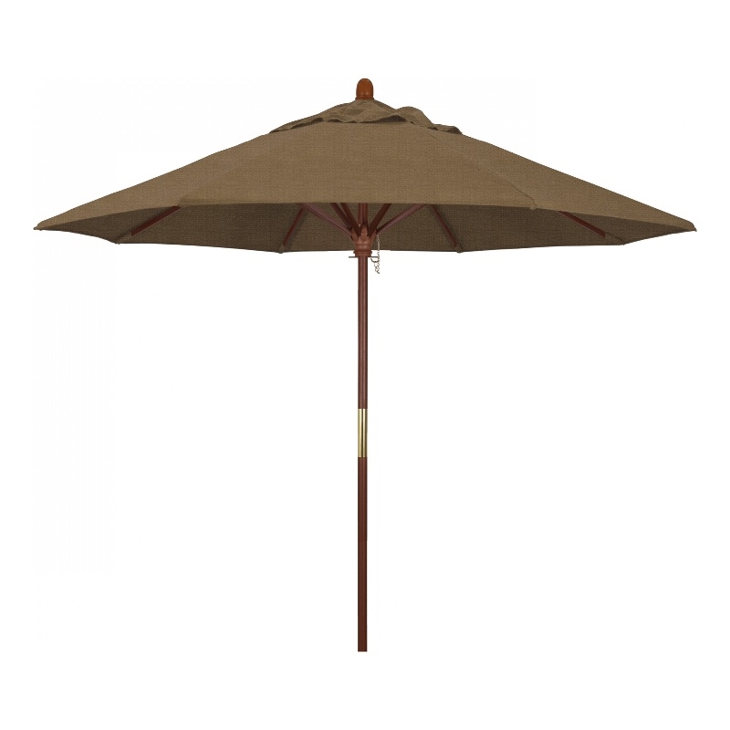 Pemberly Row 9' Push Lift Wood Pole Patio Umbrella in Olefin Woven Sesame Fabric