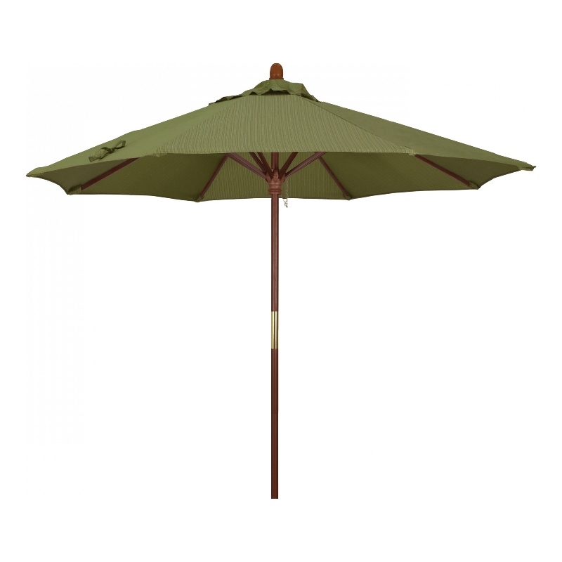 Pemberly Row 9' Push Lift Wood Pole Patio Umbrella in Olefin Terrace Fern Fabric