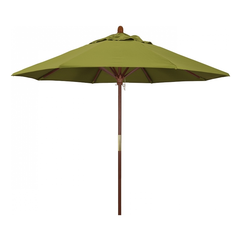 Pemberly Row 9' Push Lift Wood Pole Patio Umbrella in Pacifica Ginkgo Fabric