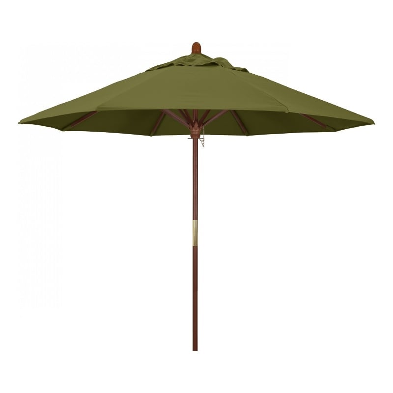 Pemberly Row 9' Push Lift Wood Pole Patio Umbrella in Pacifica Palm Fabric