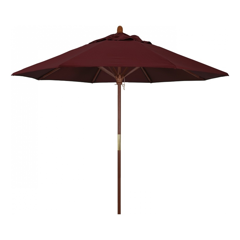 Pemberly Row 9' Push Lift Wood Pole Patio Umbrella in Pacifica Burgundy Fabric