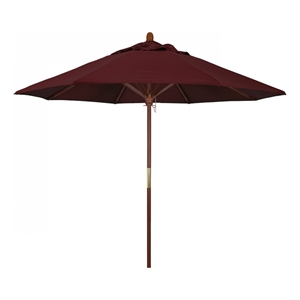 Pemberly Row 9' Push Lift Wood Pole Patio Umbrella in Pacifica Burgundy Fabric