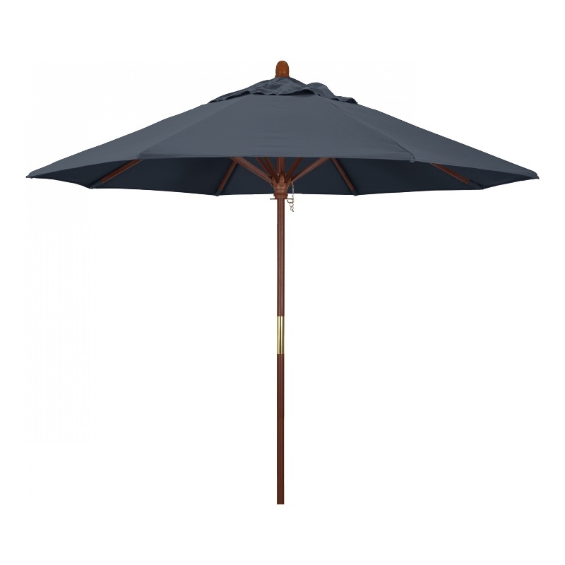 Pemberly Row 9' Push Lift Wood Pole Patio Umbrella in Pacifica Sapphire Fabric