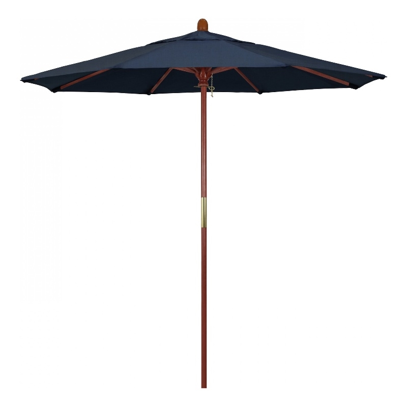 Pemberly Row 7.5' Push Lift Wood Pole Performance Fabric Indigo Patio Umbrella
