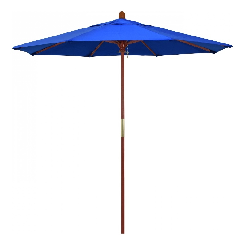 Pemberly Row 7.5' Push Lift Wood Pole Patio Umbrella in Performance Fabric Blue