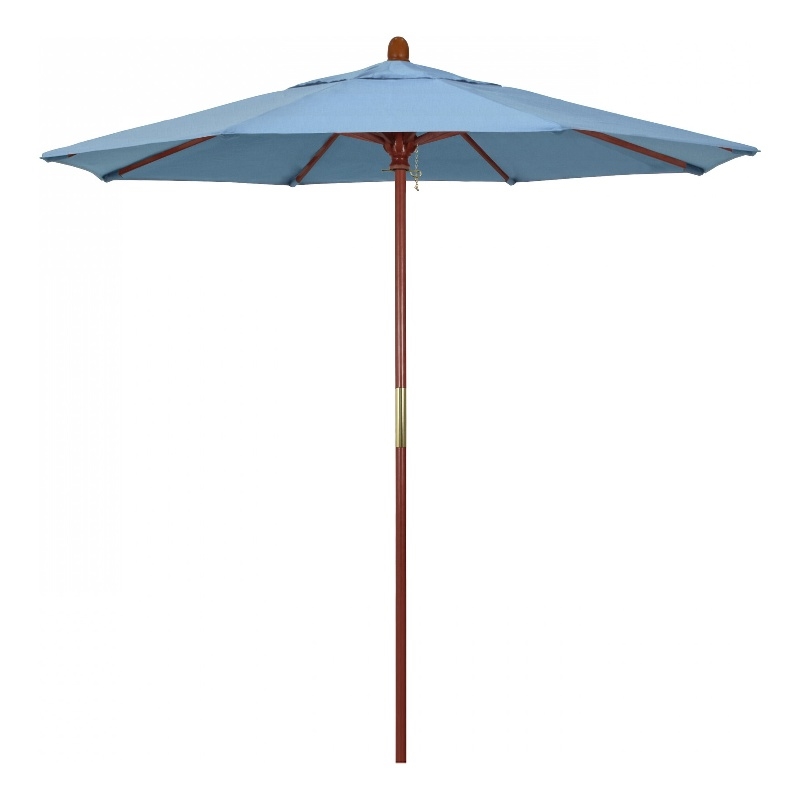 Pemberly Row 7.5' Push Lift Wood Pole Patio Umbrella in Performance Fabric Blue