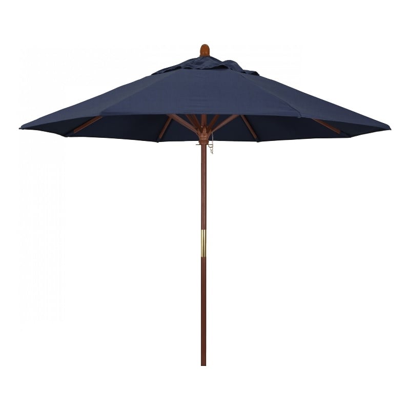 Pemberly Row 9' Push Lift Wood Pole Patio Umbrella in Performance Fabric Indigo