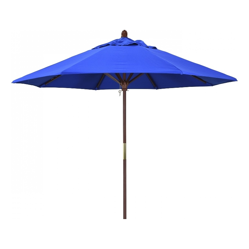 Pemberly Row 9' Push Lift Wood Pole Patio Umbrella in Performance Fabric Blue