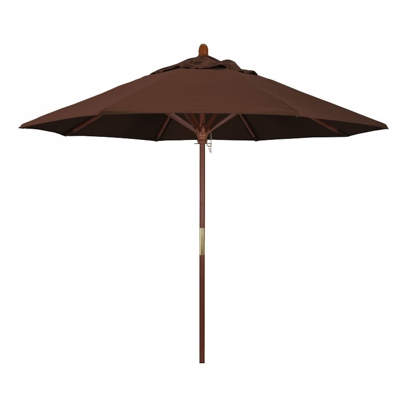 Pemberly Row 9' Push Lift Wood Pole Patio Umbrella in Performance Fabric Brown