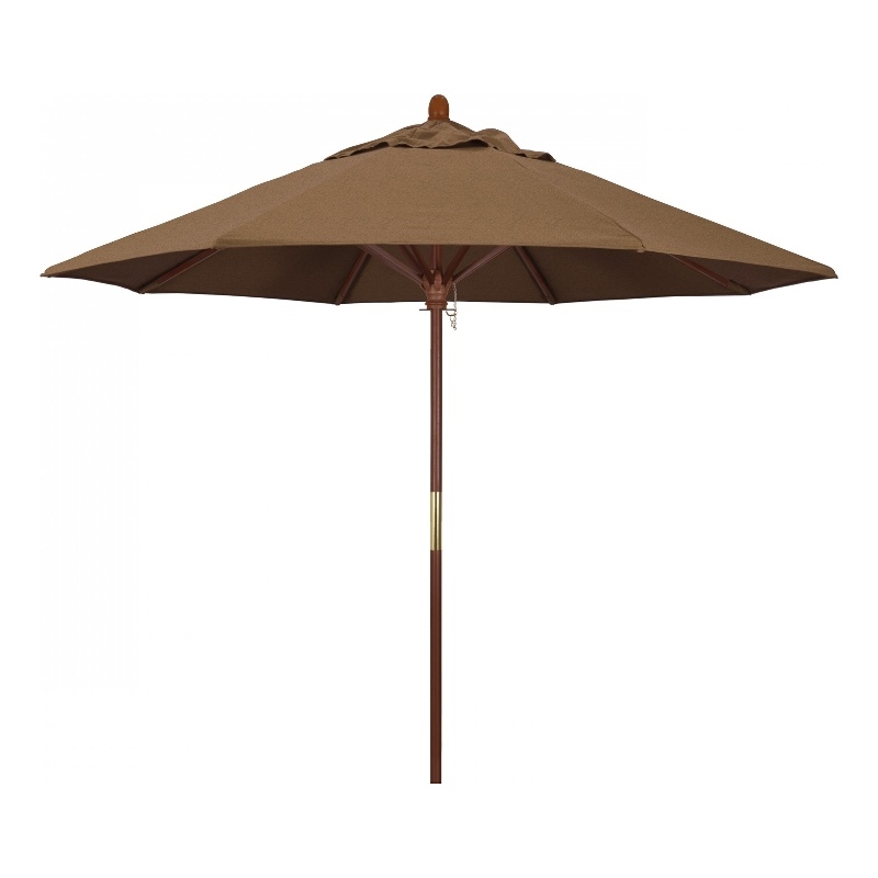 Pemberly Row 9' Push Lift Wood Pole Patio Umbrella in Performance Fabric Teak