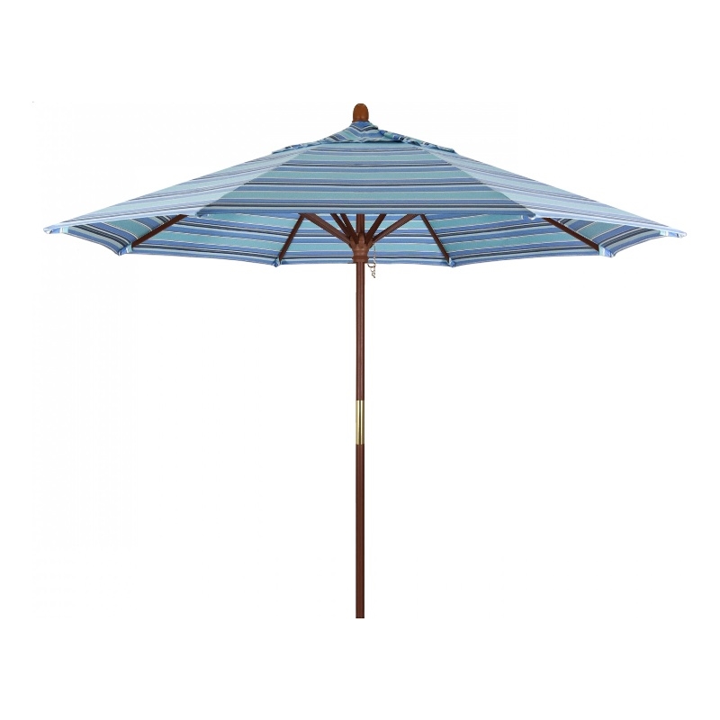Pemberly Row 9' Push Lift Wood Pole Patio Umbrella in Performance Fabric Oasis