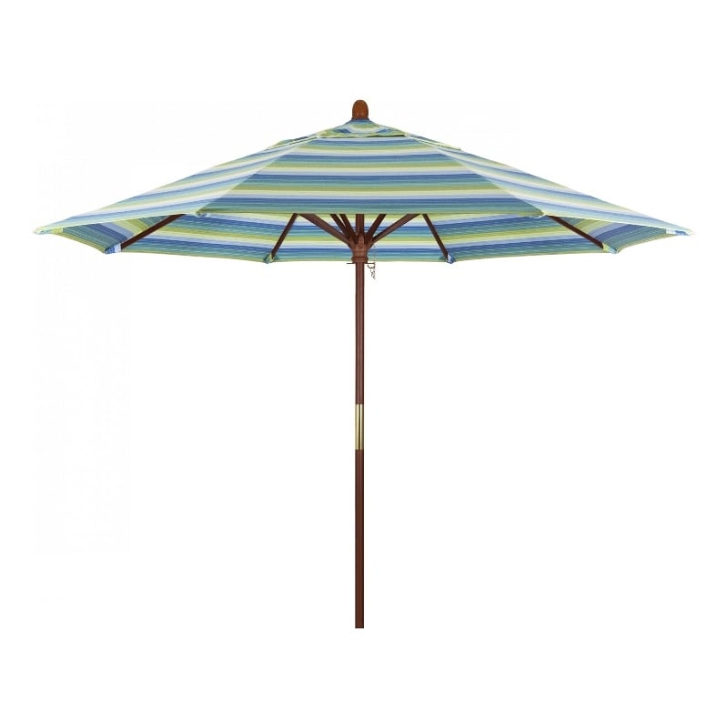 Pemberly Row 9' Push Lift Wood Pole Patio Umbrella - Performance Fabric Seaside