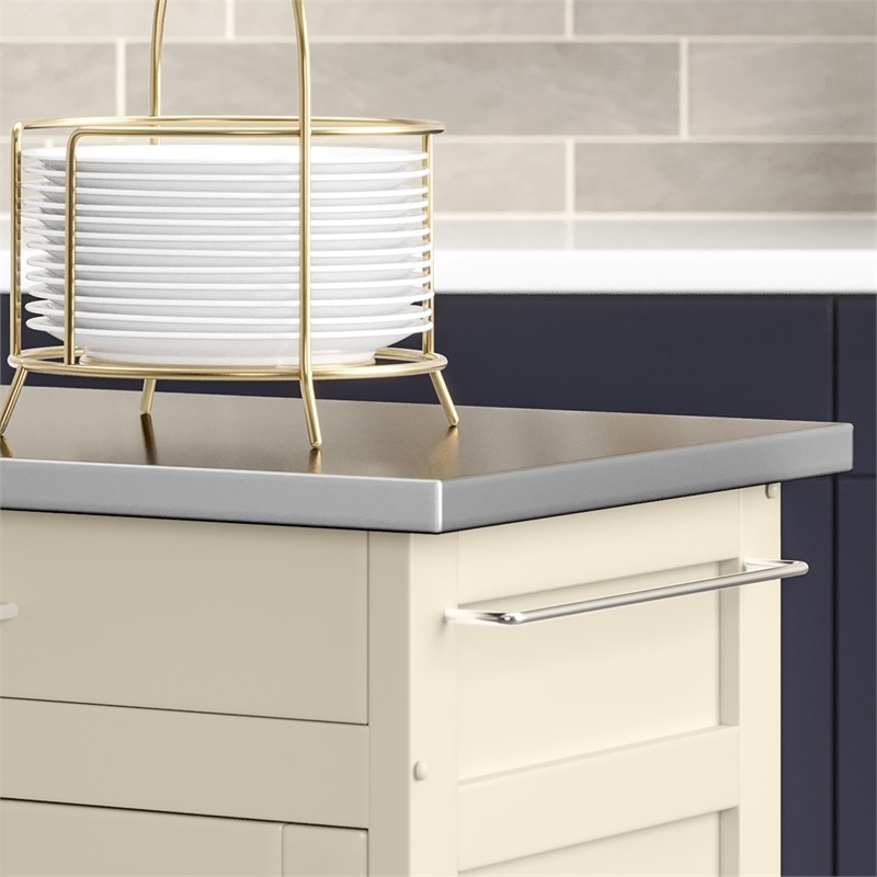 Pemberly Row Contemporary Wood Kitchen Cart in Off White Finish