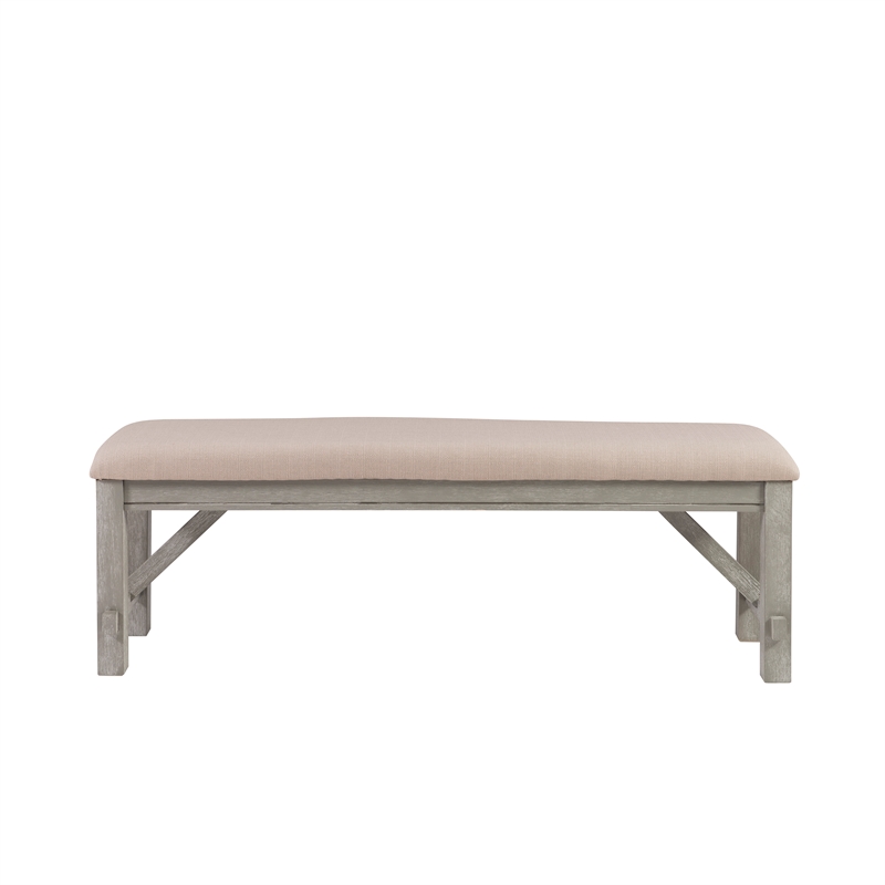 Pemberly Row Sturdy Wood Bench Tan Upholstered Seat in Grey Oak Stain