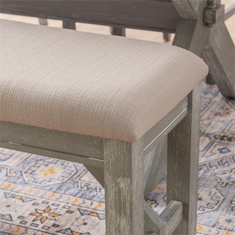 Pemberly Row Sturdy Wood Bench Tan Upholstered Seat in Grey Oak Stain