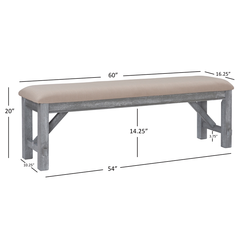Pemberly Row Sturdy Wood Bench Tan Upholstered Seat in Grey Oak Stain