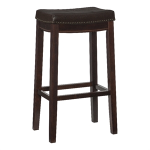 Pemberly Row Backless Bar Stool Brown Faux Leather Wood Frame in Brown Finish