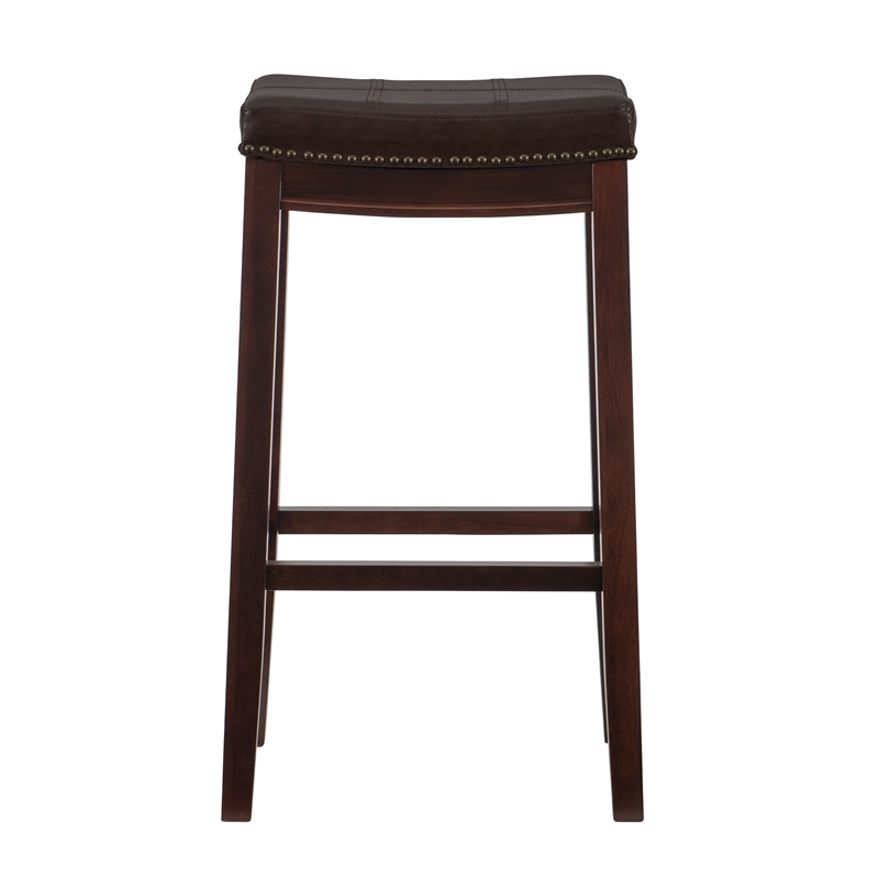 Pemberly Row Backless Bar Stool Brown Faux Leather Wood Frame in Brown Finish