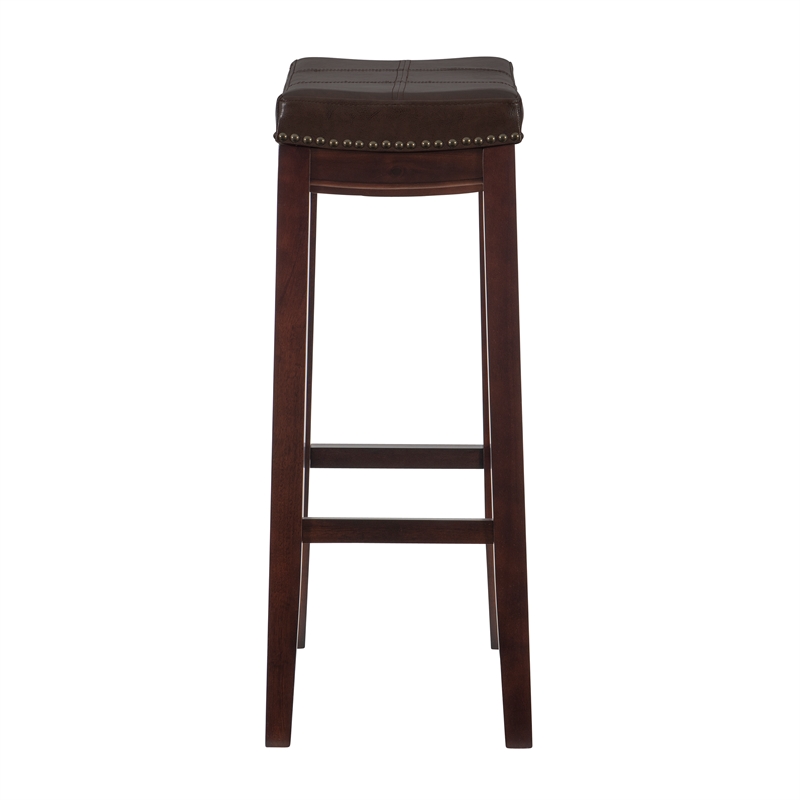 Pemberly Row Backless Bar Stool Brown Faux Leather Wood Frame in Brown Finish