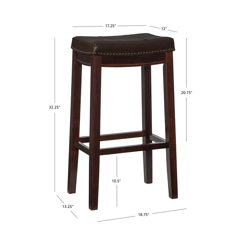 Pemberly Row Backless Bar Stool Brown Faux Leather Wood Frame in Brown Finish