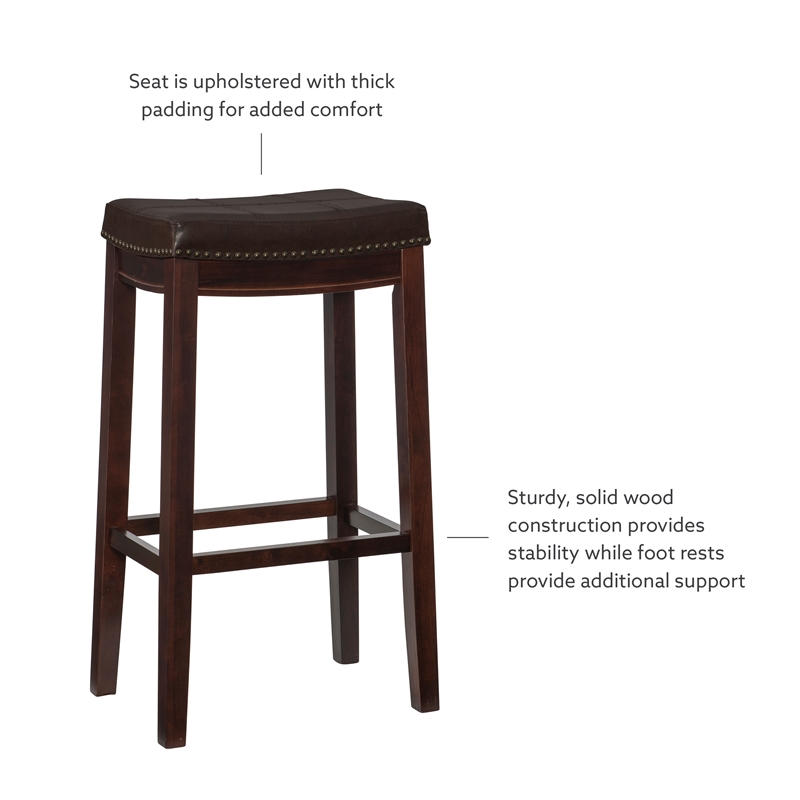 Pemberly Row Backless Bar Stool Brown Faux Leather Wood Frame in Brown Finish