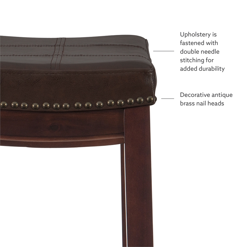 Pemberly Row Backless Bar Stool Brown Faux Leather Wood Frame in Brown Finish