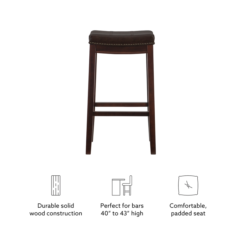 Pemberly Row Backless Bar Stool Brown Faux Leather Wood Frame in Brown Finish